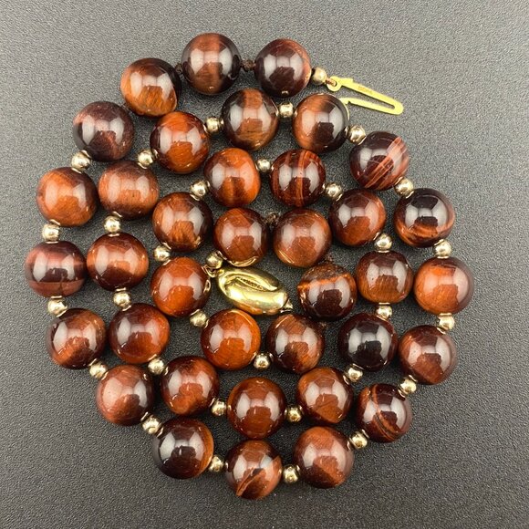 Vtg 9K Solid Gold Ball & 10mm Tigers Eye Beaded Necklace 18" - Lots of Gold - Picture 2 of 15